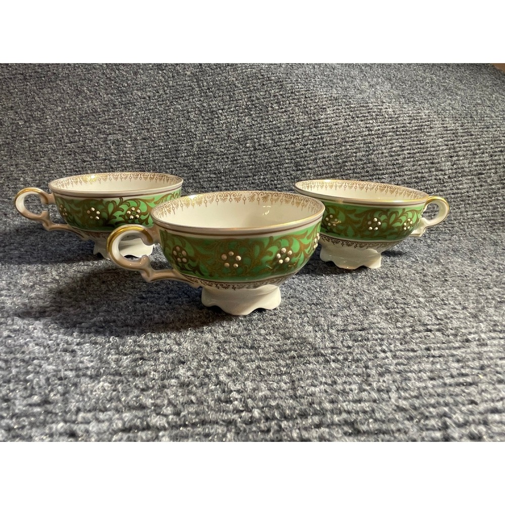 Mitterteich Bavaria Green Gold Filigree Tea Cups Set 3 US Zone Germany Vintage